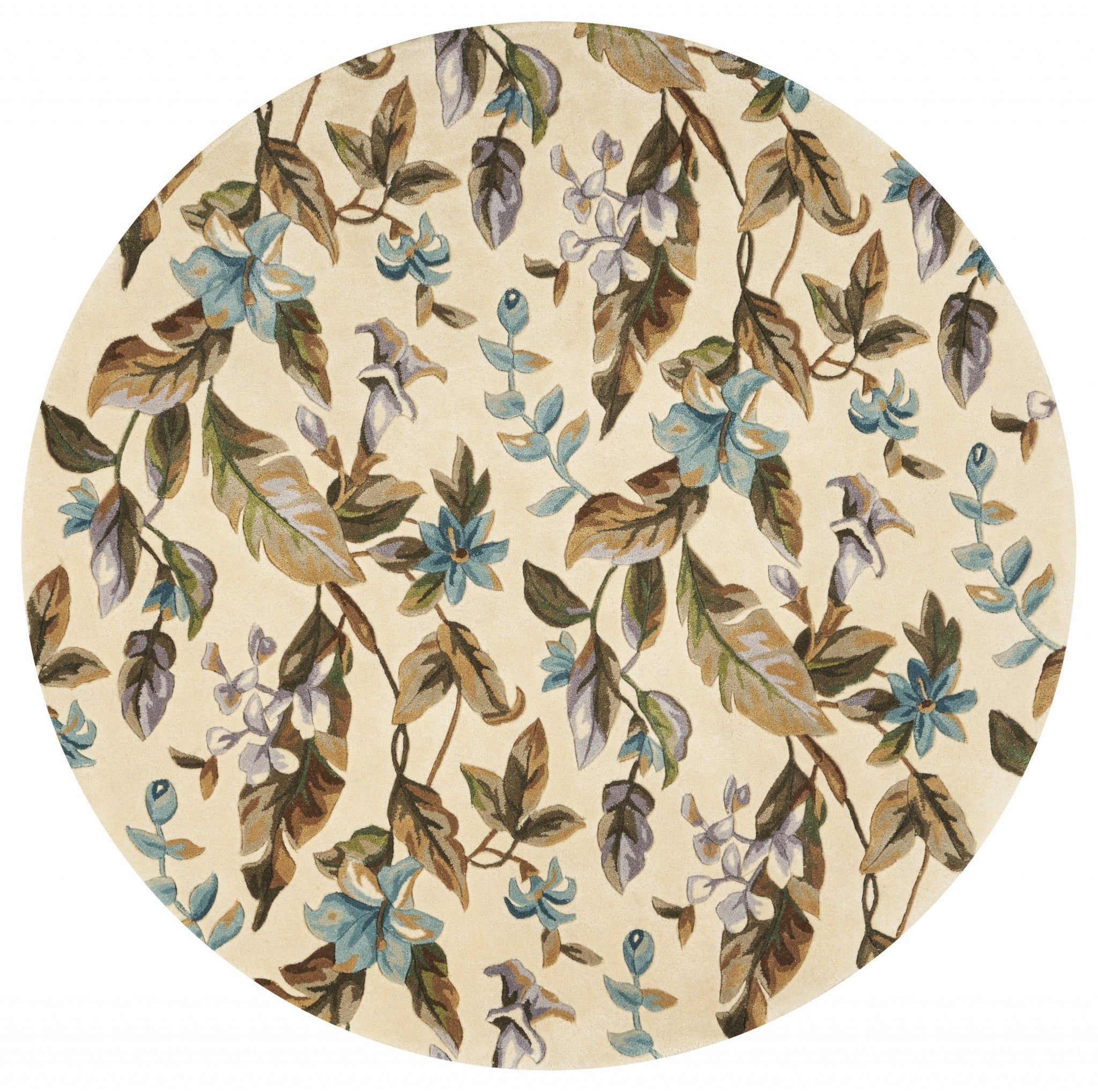 5' Round Wool Ivory Or Teal Area Rug