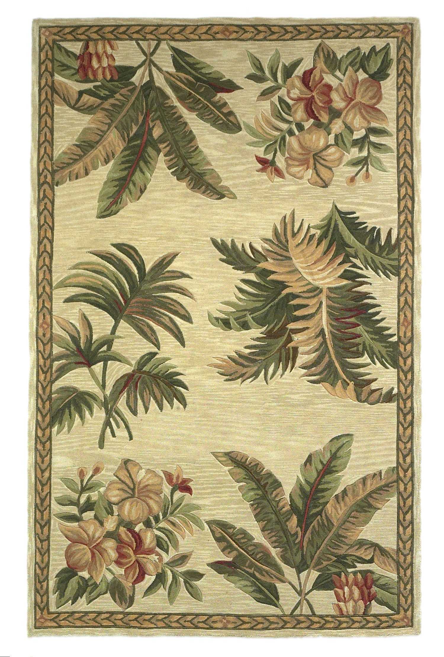 8'X10' Ivory Hand Tufted Bordered Tropical Plants Indoor Area Rug