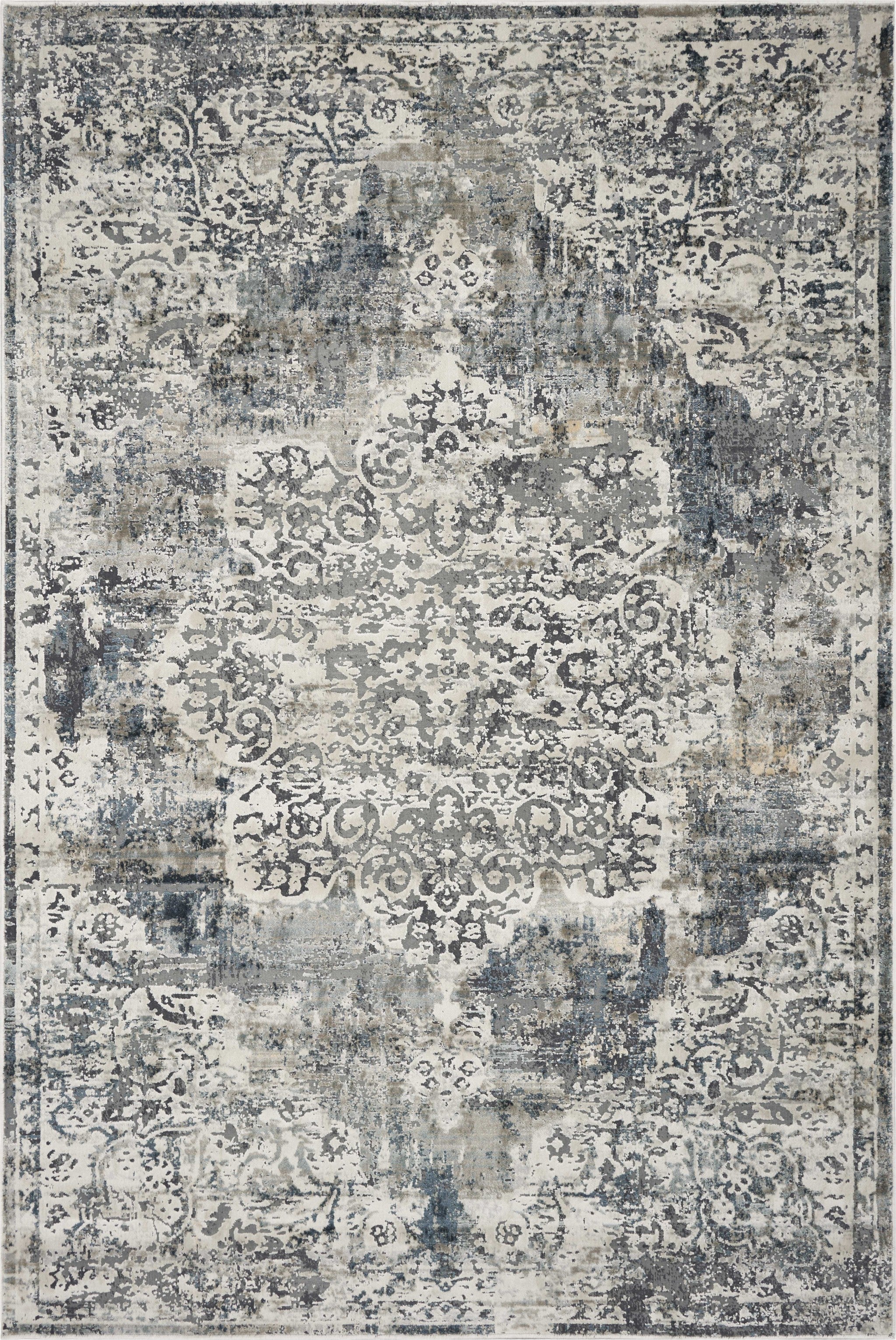 9'X13' Ivory Machine Woven Distressed Diamond Floral Medallion Indoor Area Rug