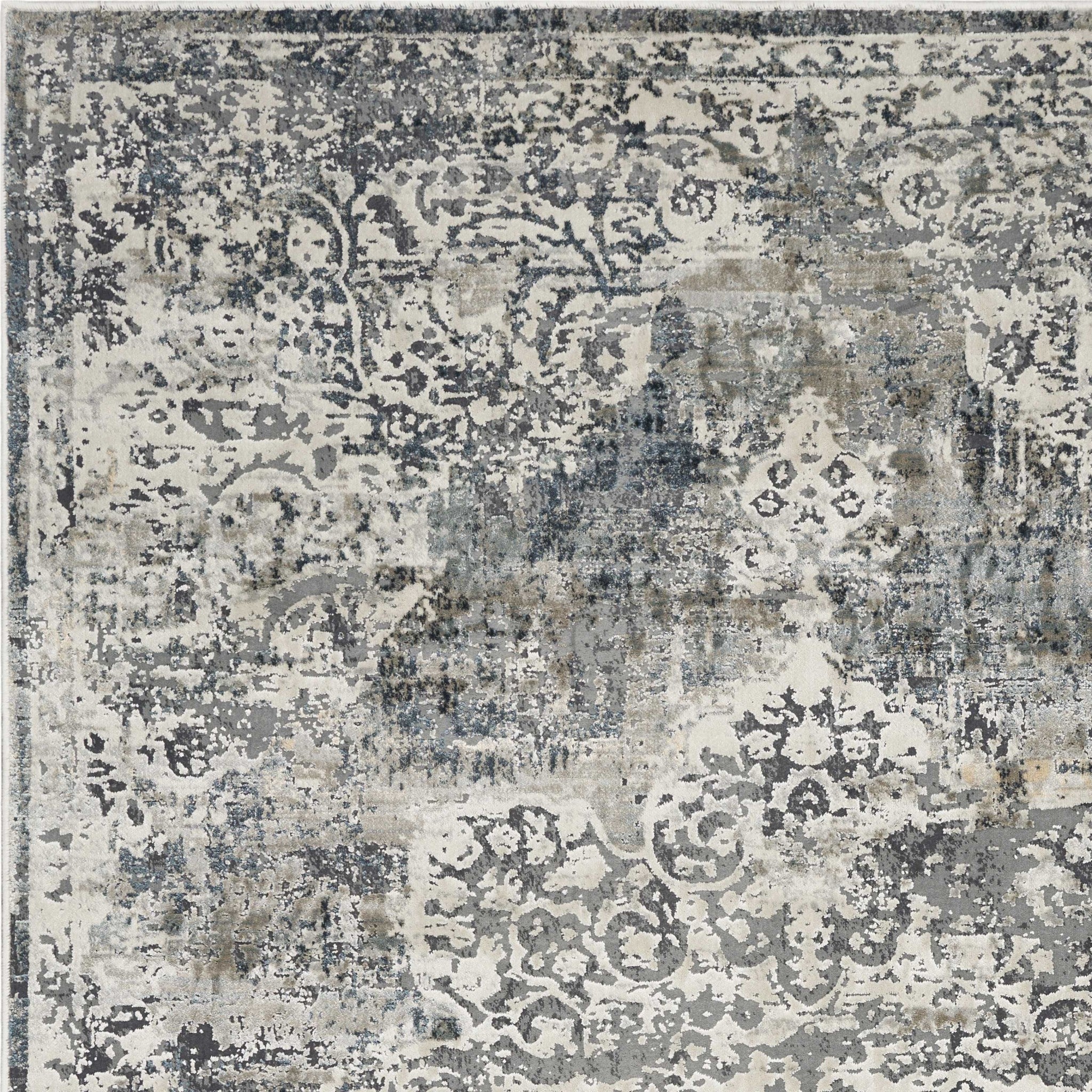 9'X13' Ivory Machine Woven Distressed Diamond Floral Medallion Indoor Area Rug