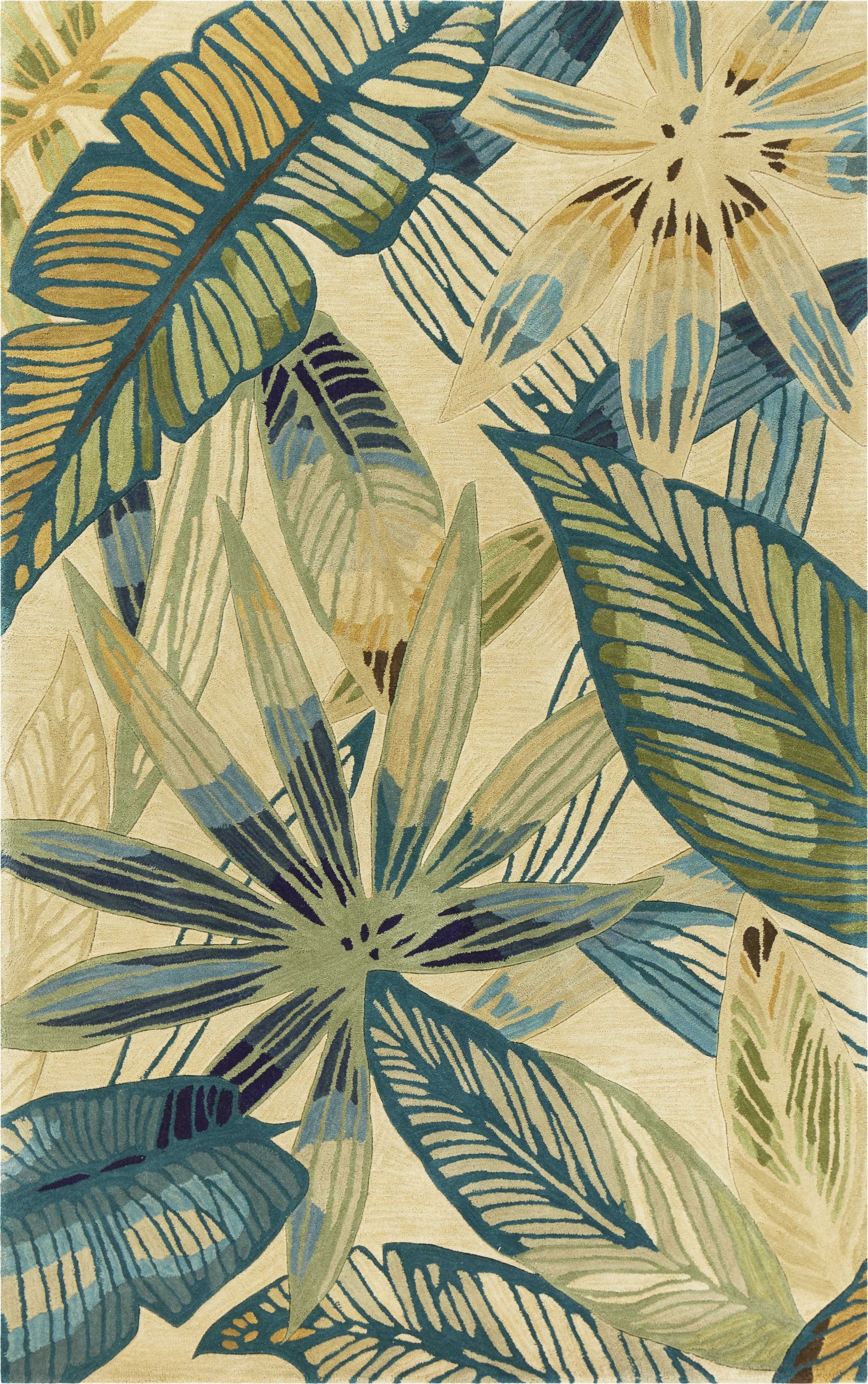 3' X 5' Ivory Or Teal Tropical Leaves Wool Indoor Area Rug