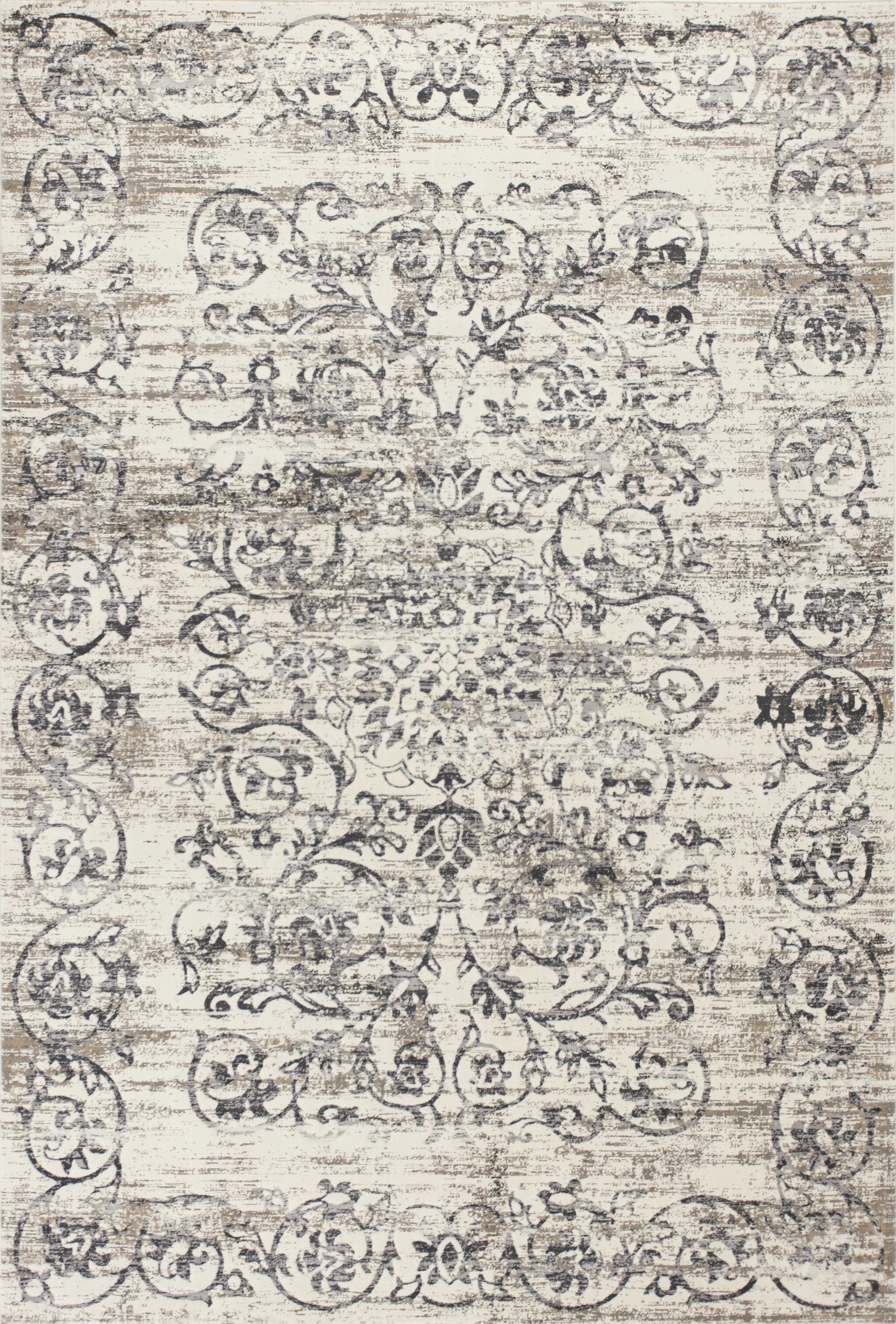 5'X8' Ivory Grey Machine Woven Distressed Floral Traditional Indoor Area Rug