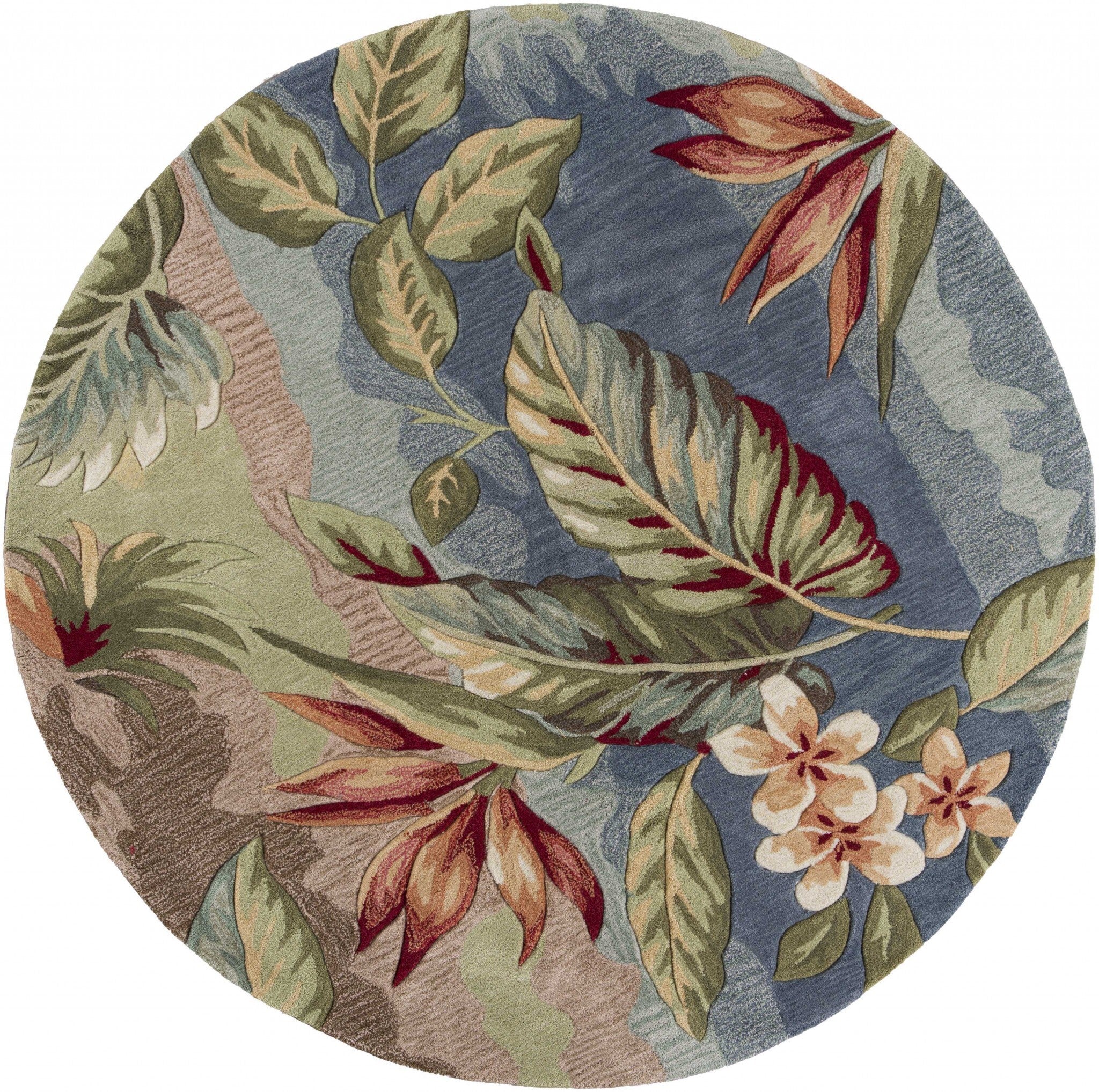 5' Round Blue Or Sage Tropical Leaves Indoor Area Rug
