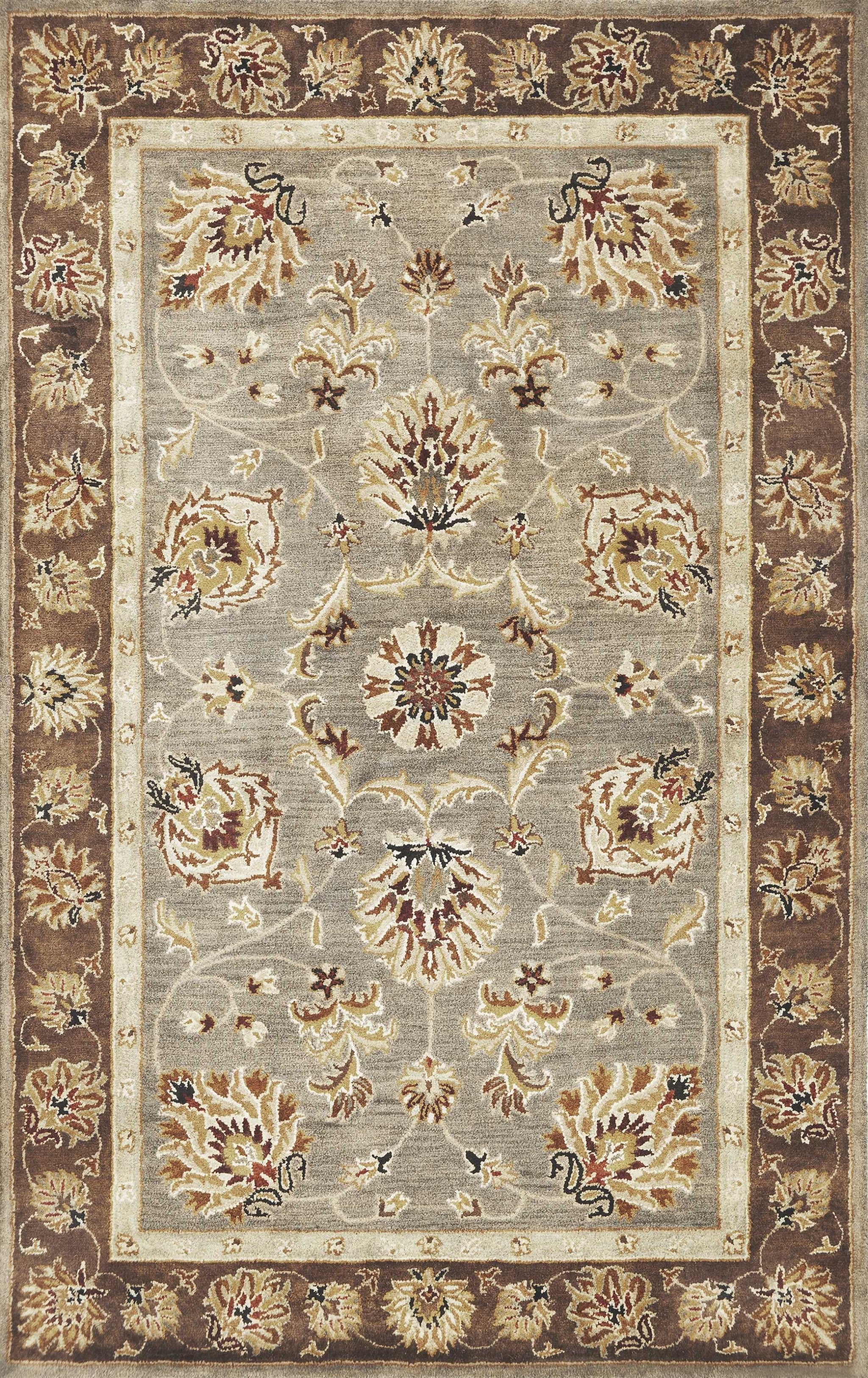5' X 8' Grey Or Mocha Floral Bordered Wool Indoor Area Rug