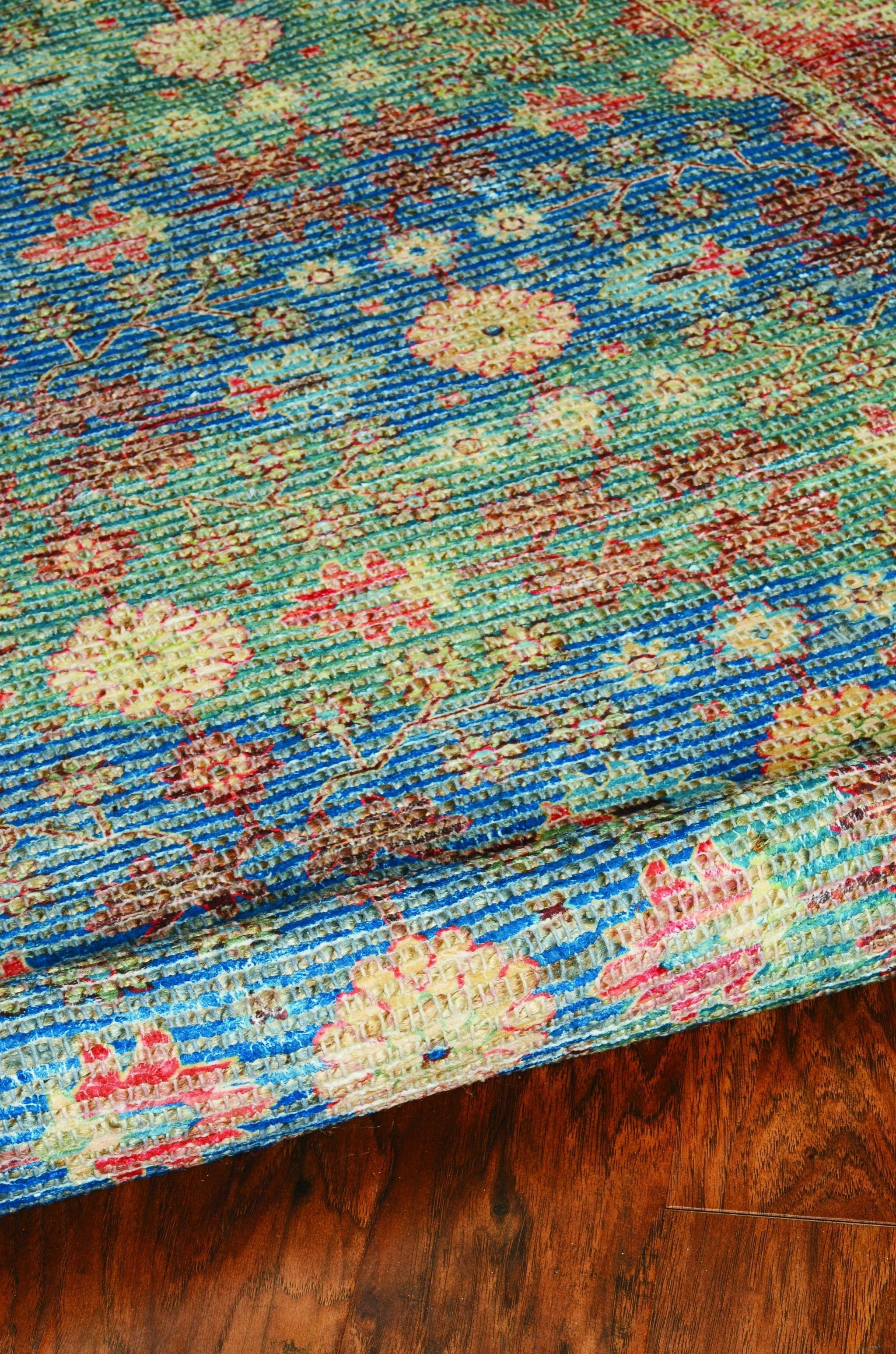 2'X4' Blue Red Hand Woven Floral Traditional Indoor Accent Rug