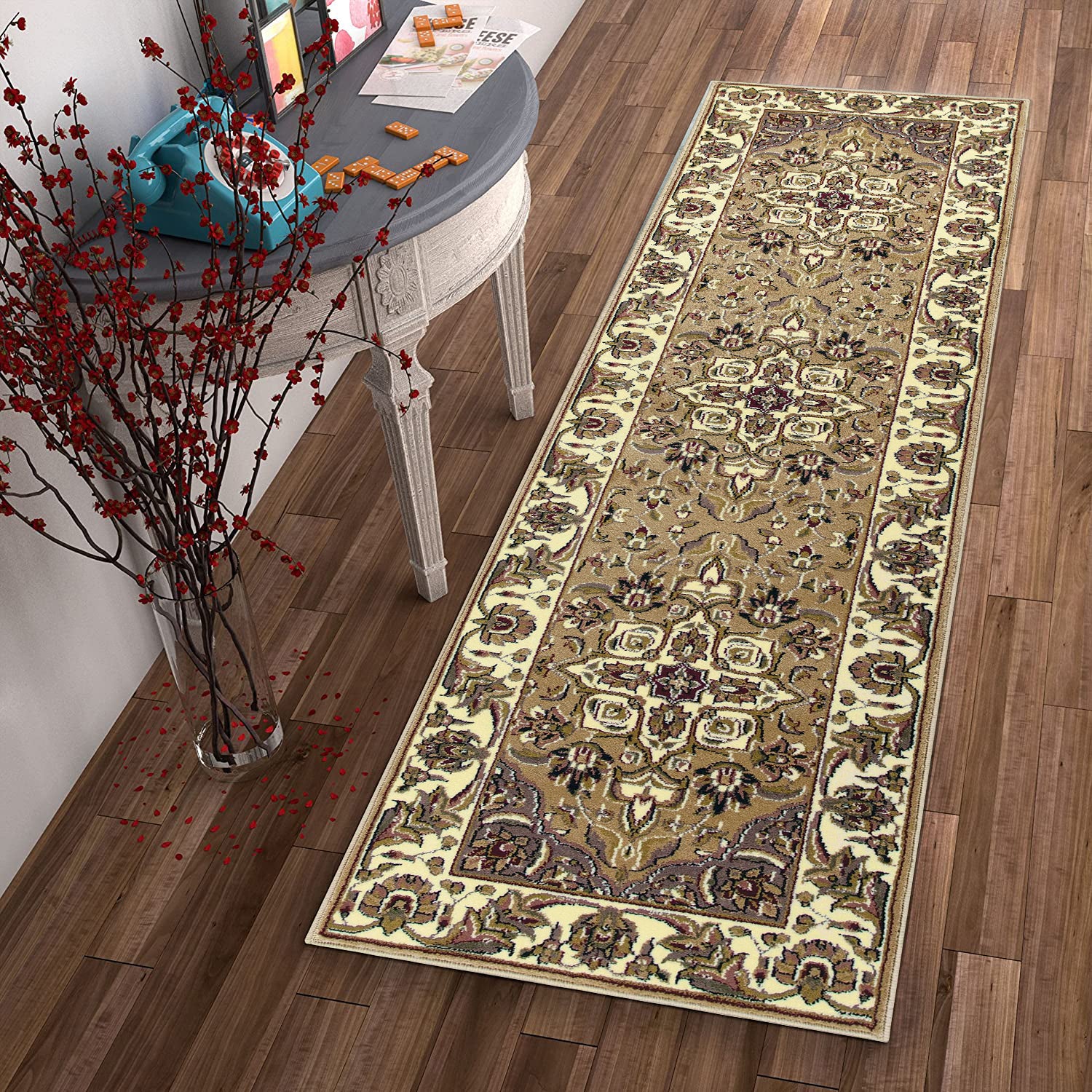 3'X5' Beige Ivory Machine Woven Floral Medallion Indoor Area Rug
