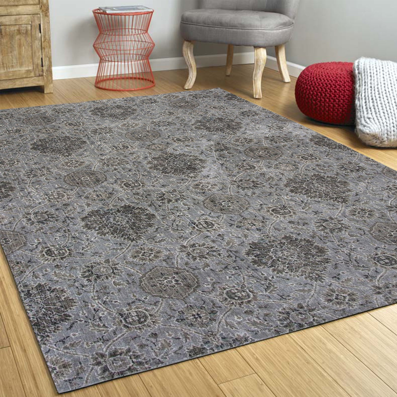 3'X5' Silver Machine Woven Floral Traditional Allover Indoor Area Rug