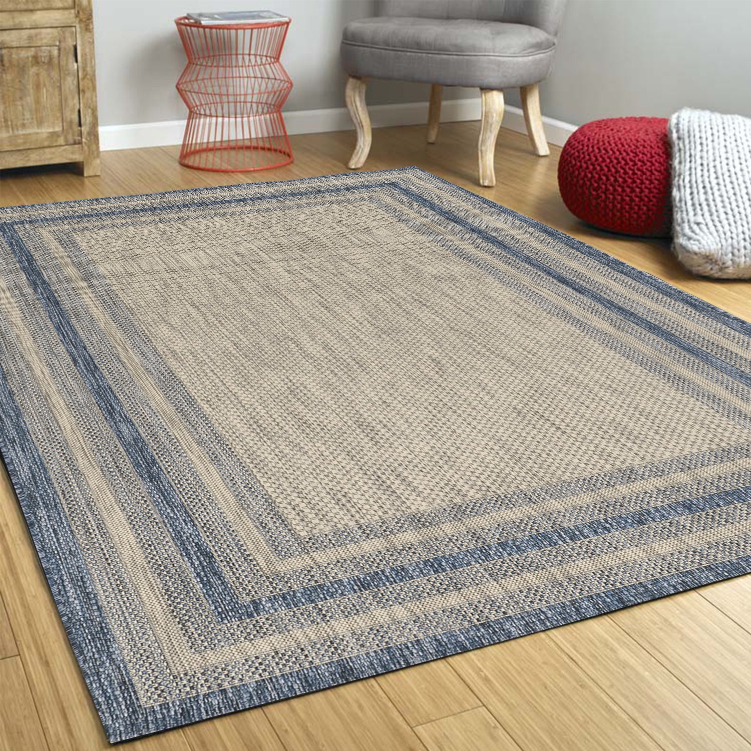 5' X 8' Grey Or Denim Bordered Uv Treated Area Rug