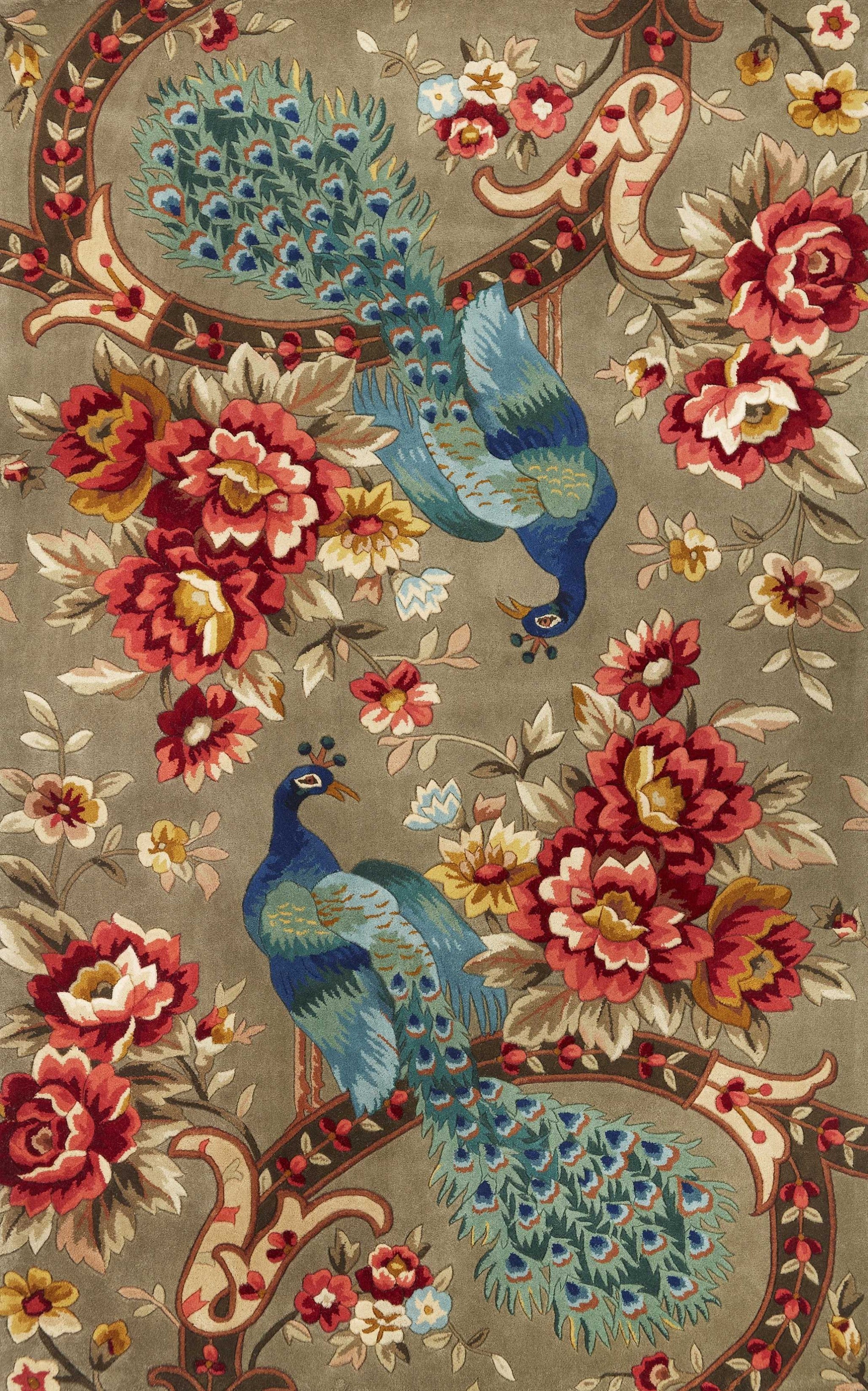 2' X 4' Sage Floral Peacock Wool Area Rug