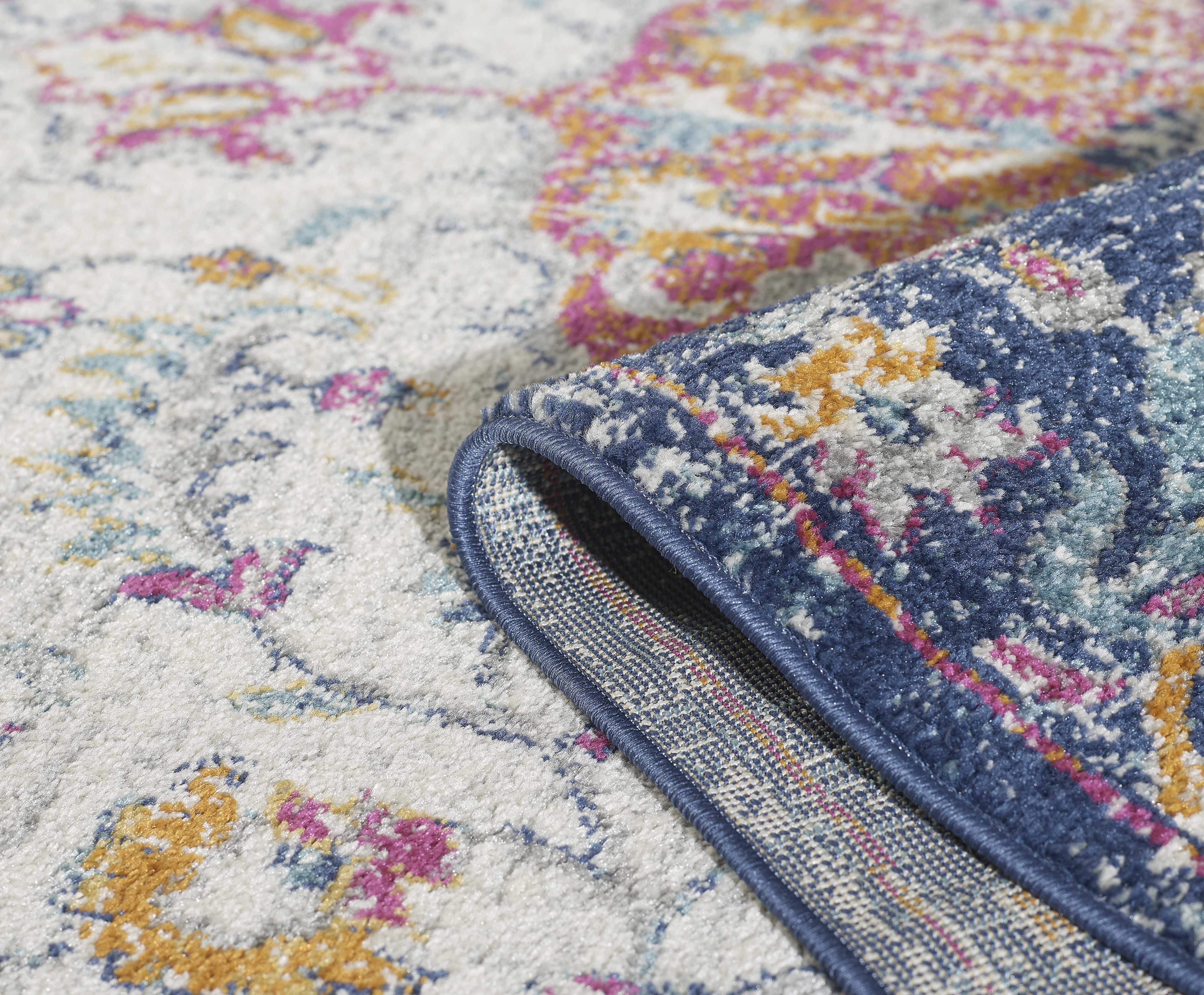 5'X7' Ivory Navy Machine Woven Distressed Medallion Indoor Area Rug