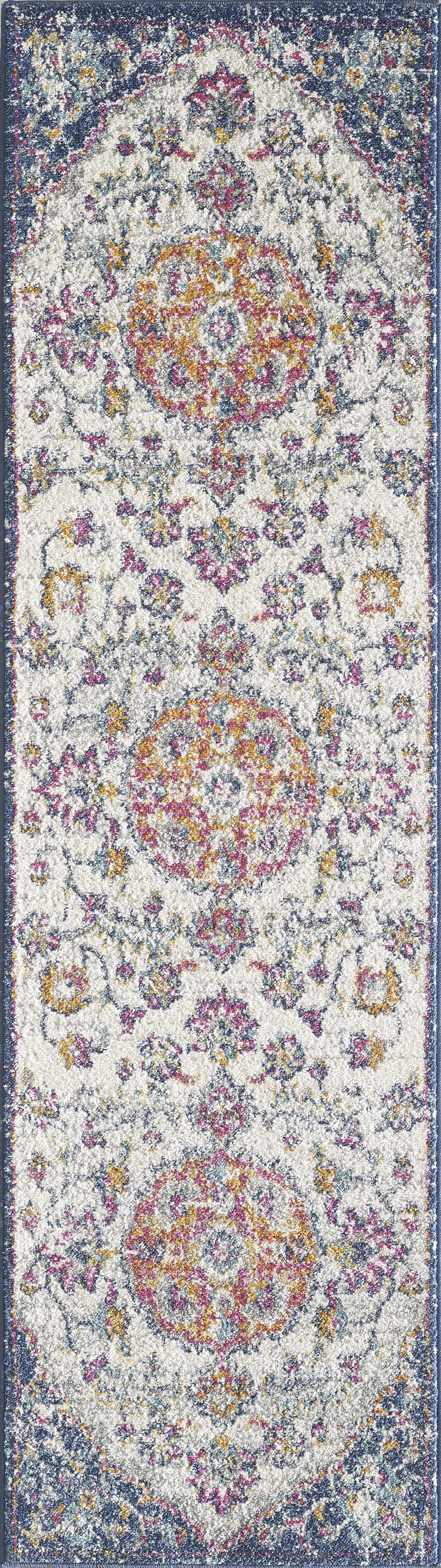 7' X 9' Ivory Or Navy Floral Distressed Indoor Area Rug