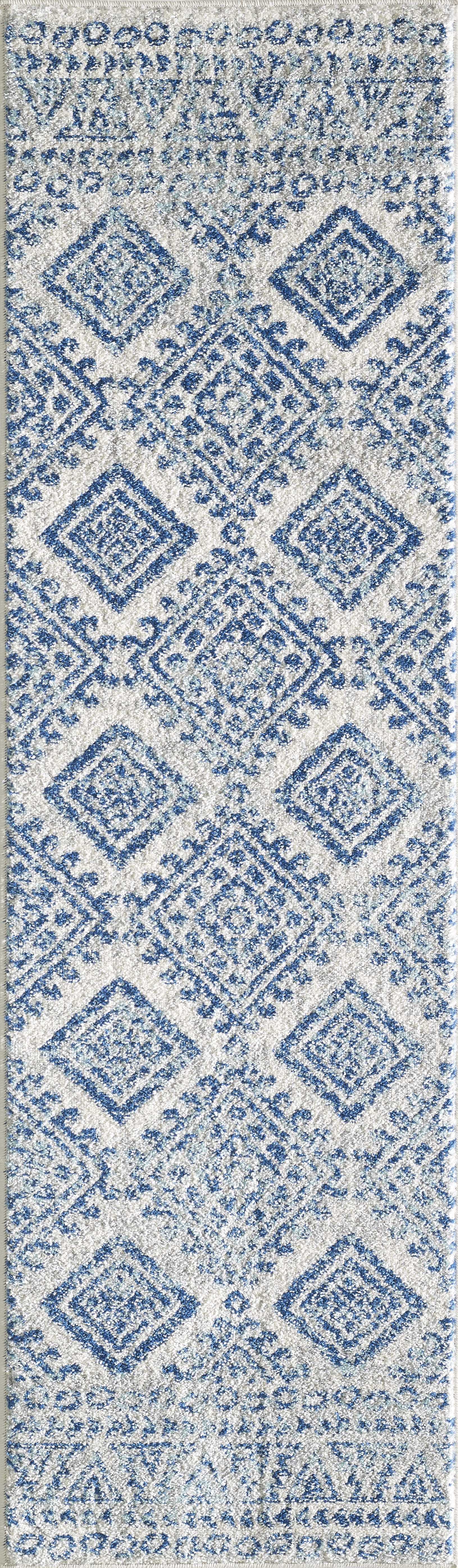 7'X12' Ivory Blue Machine Woven Distressed Geometric Indoor Area Rug