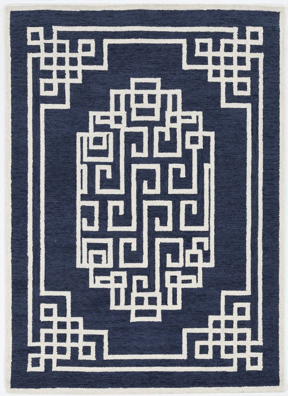 5'X7' Navy Blue Ivory Hand Tufted Bordered Greek Key Indoor Area Rug