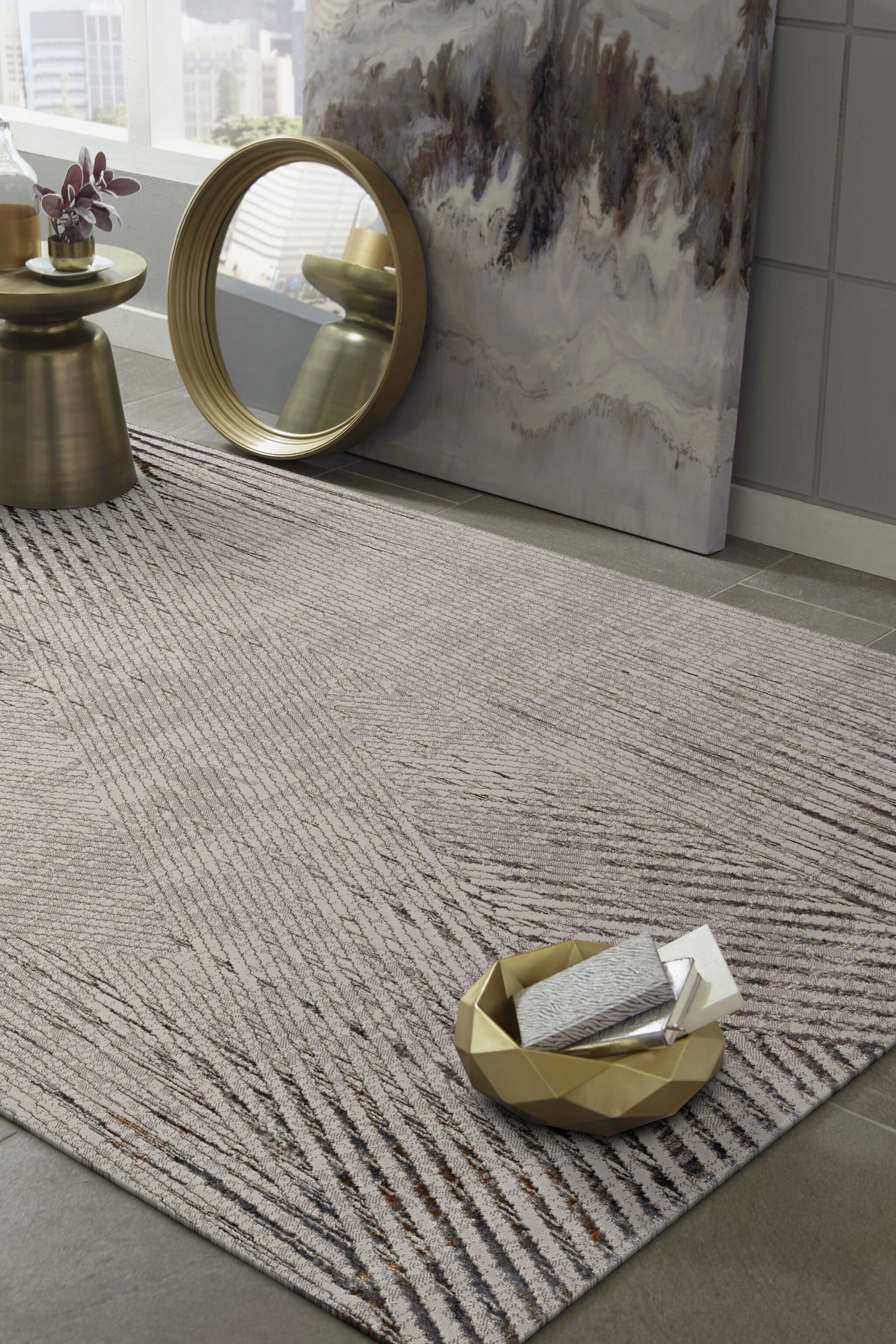 5'X8' Ivory Grey Machine Woven Geometric Lines Indoor Area Rug