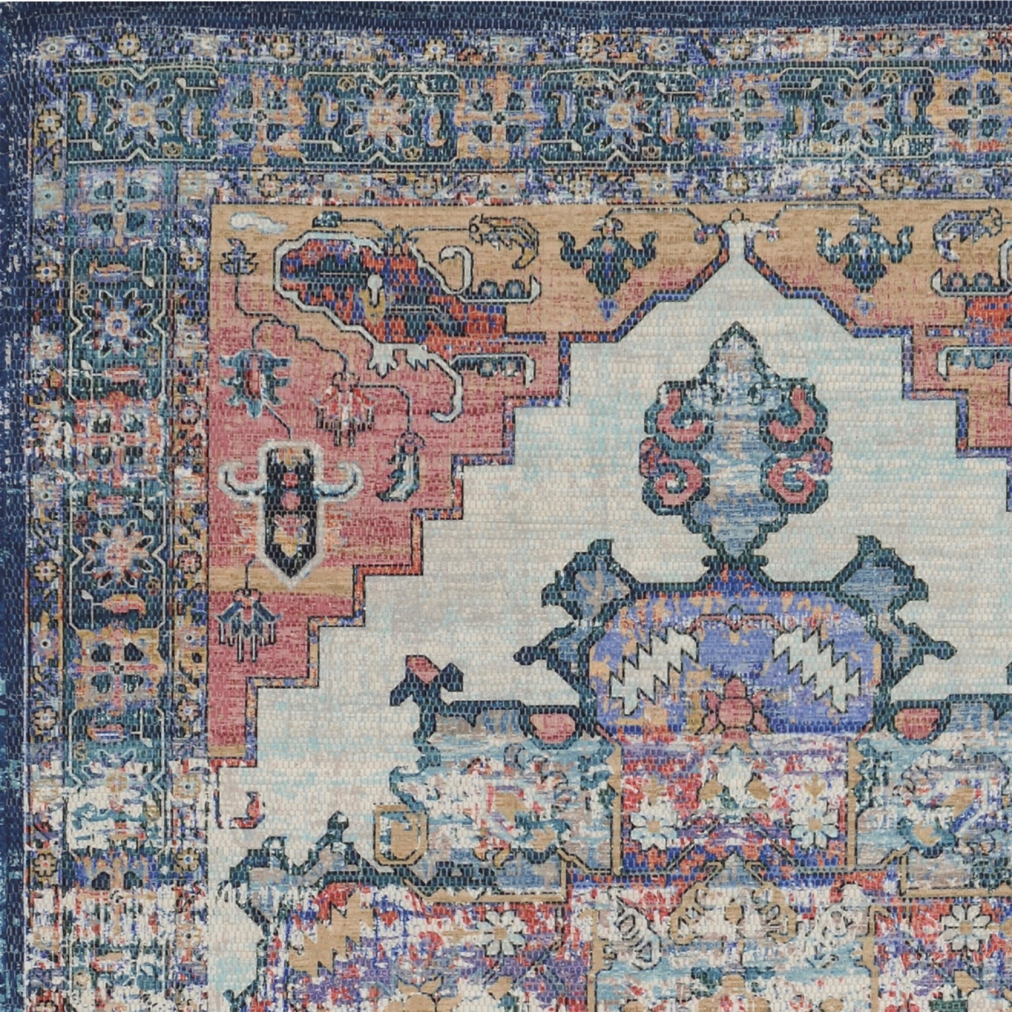 3'X5' Teal Blue Machine Woven Diamond Medallion Indoor Area Rug
