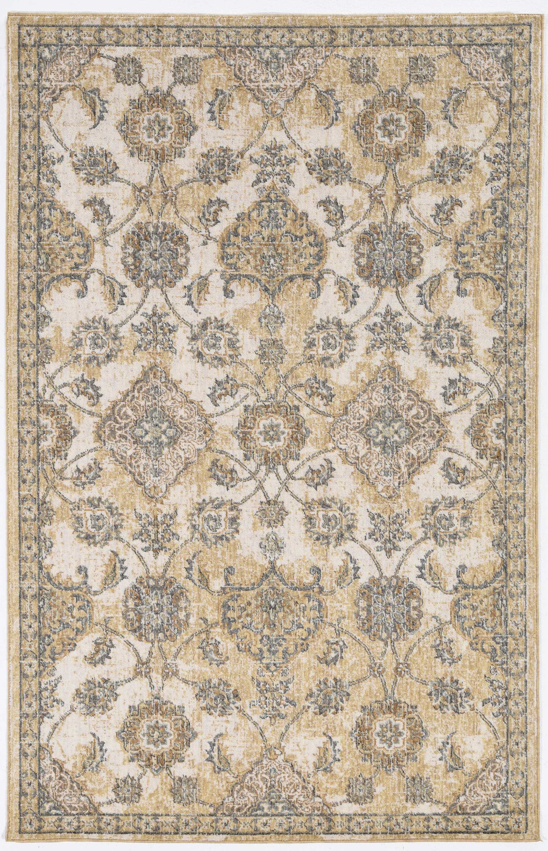 3'X5' Ivory Sand Machine Woven Bordered Floral Vines Indoor Area Rug