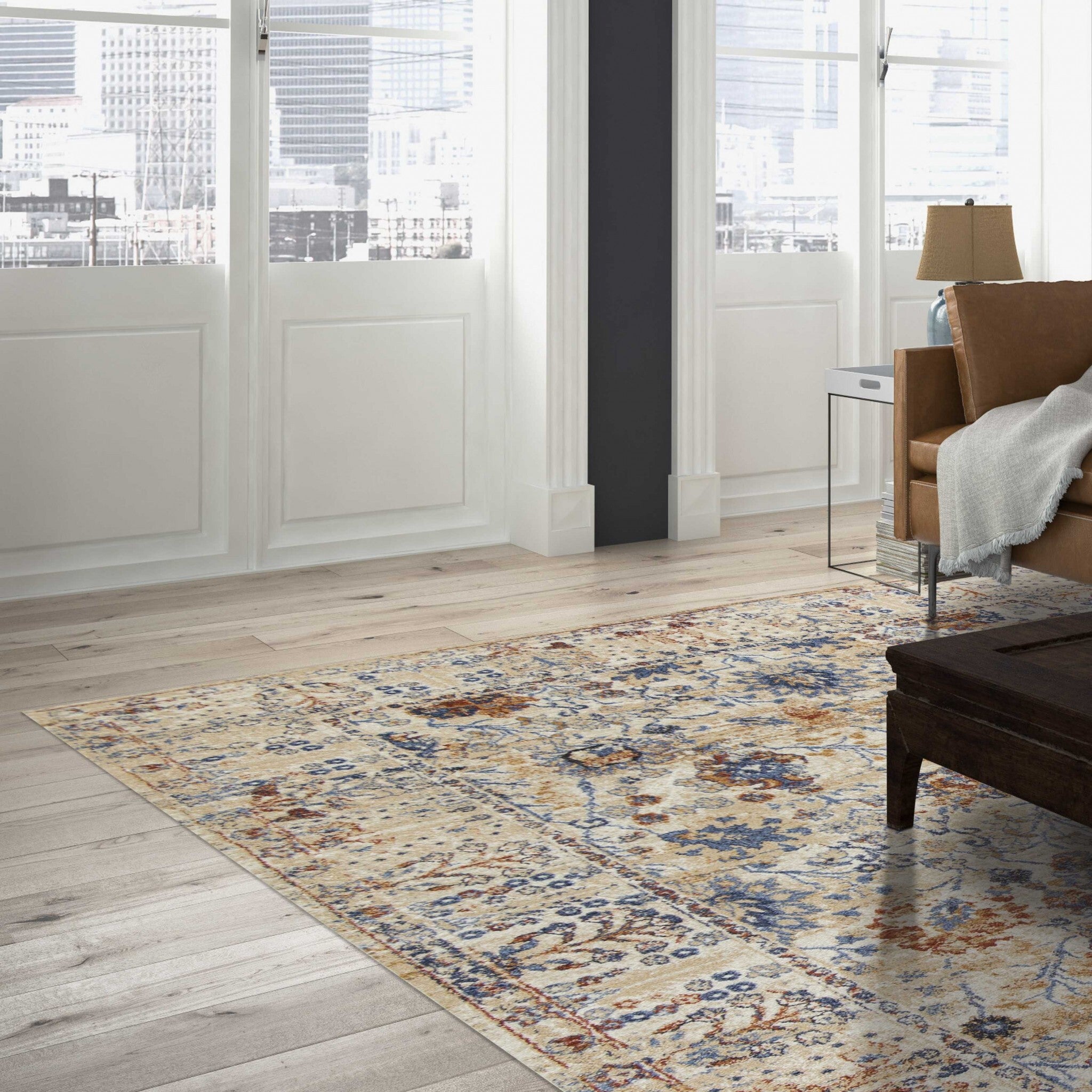 8' Round Beige Floral Vine Indoor Area Rug