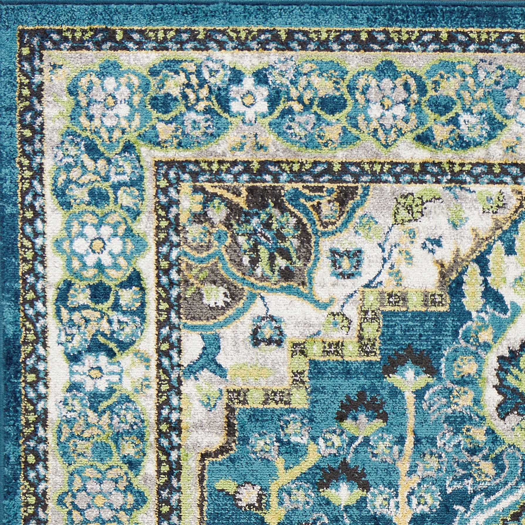 7' Teal Blue Machine Woven Floral Medallion Indoor Runner Rug