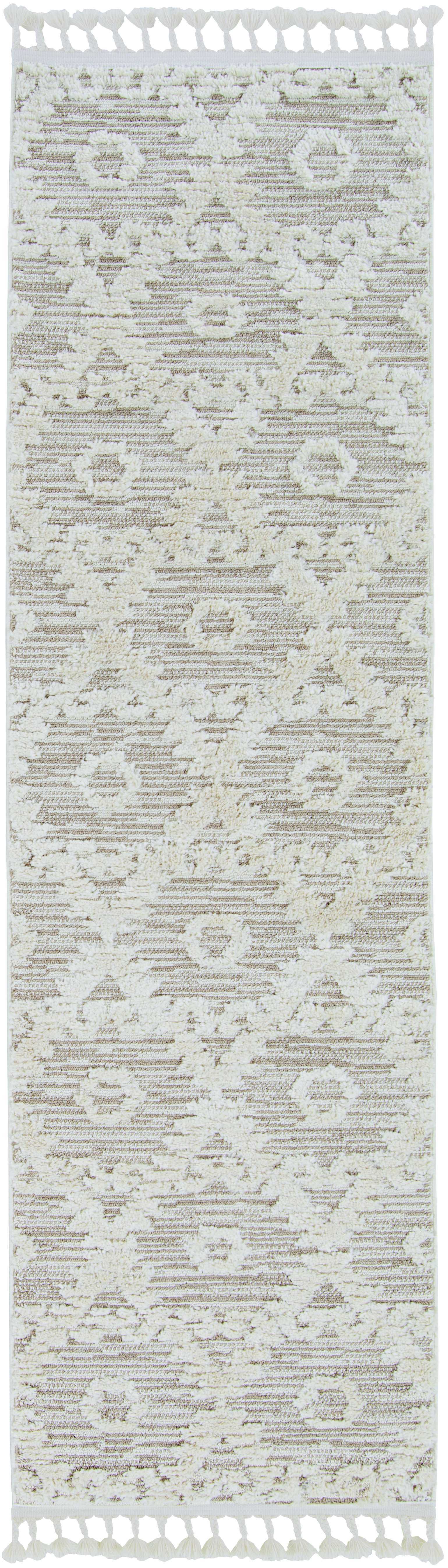 8' Ivory Beige Machine Woven Geometric With Fringe Indoor Runner Rug
