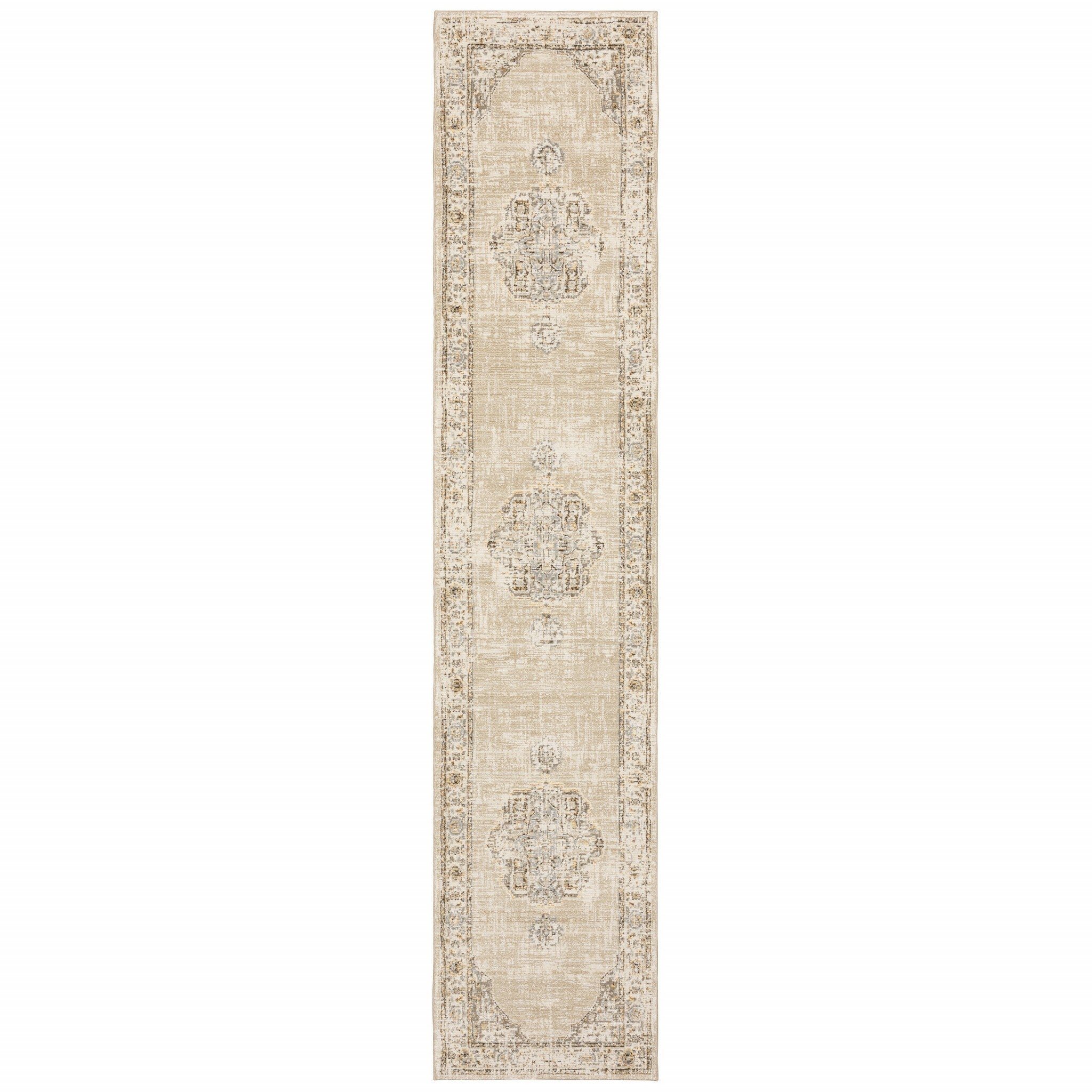 3'X12' Beige And Ivory Center Jewel Runner Rug