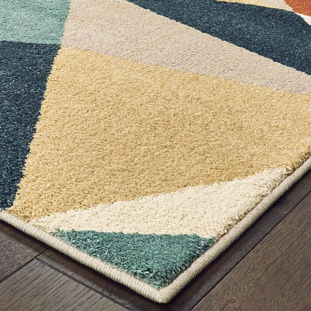 8' Blue Green Beige Retro Wedge Indoor Runner Rug