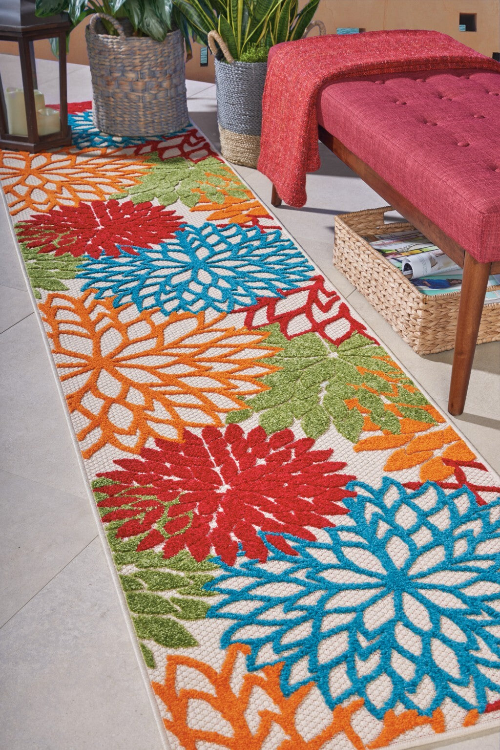 2' X 10' Green Floral Indoor Outdoor Runner Rug