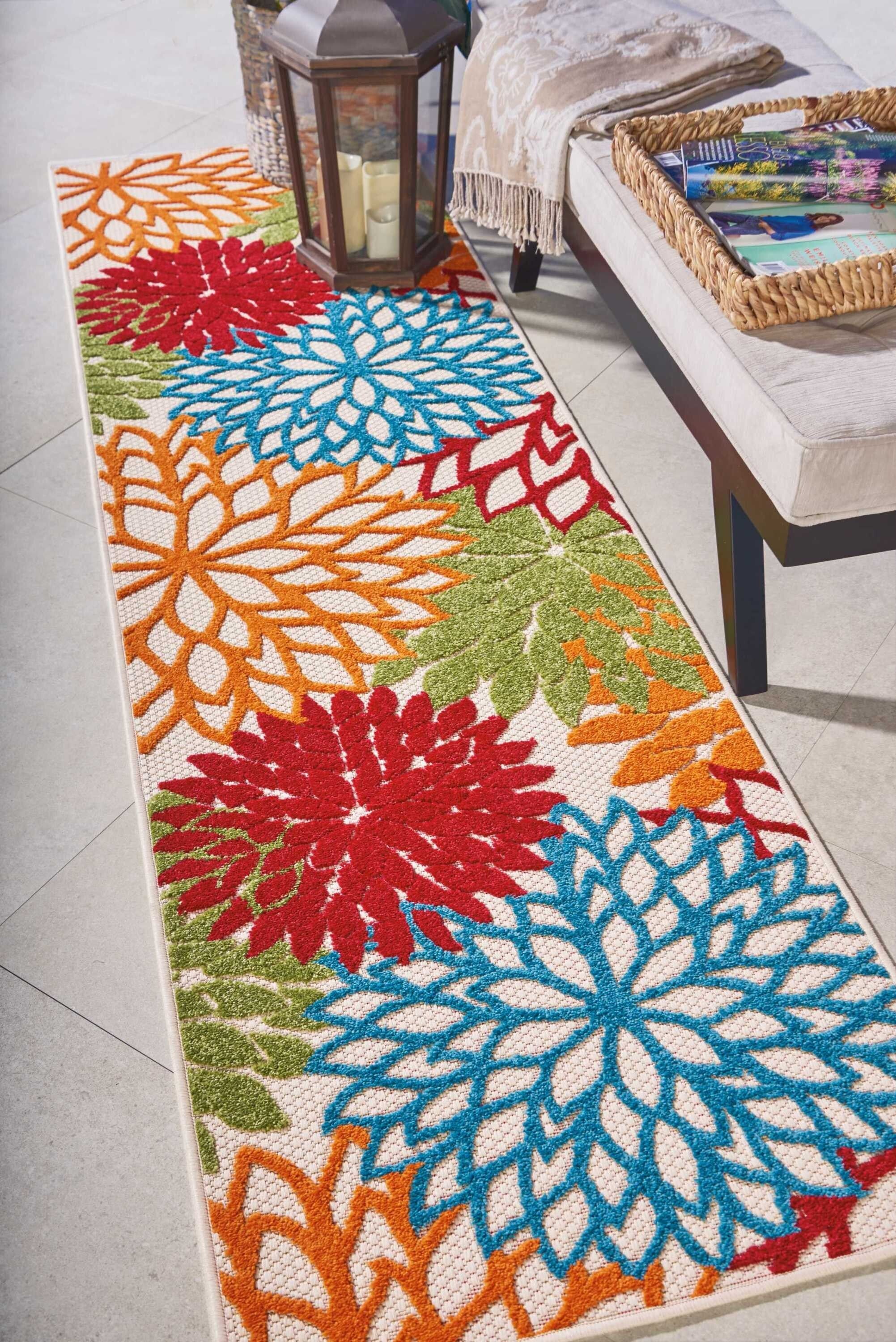 2' X 8' Green Floral Indoor Outdoor Runner Rug