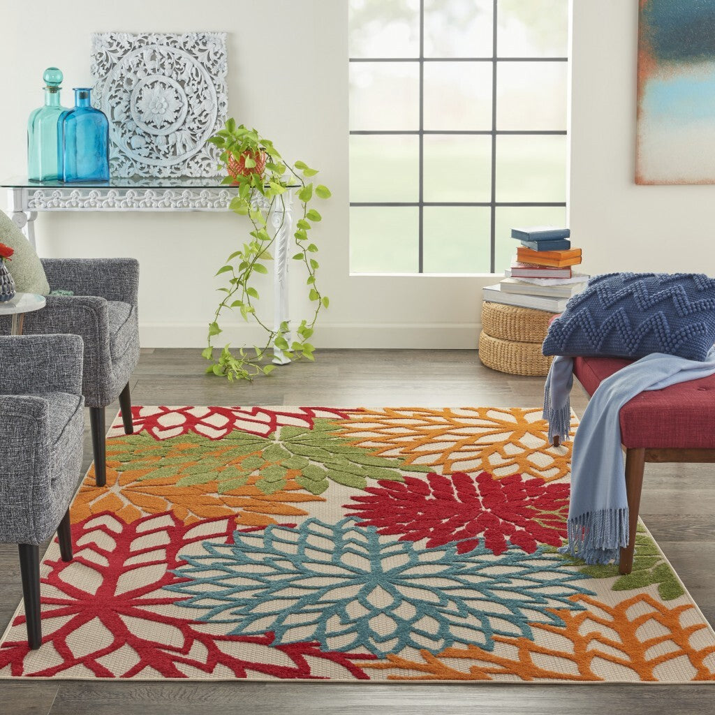 4' X 6' Green Floral Indoor Outdoor Area Rug