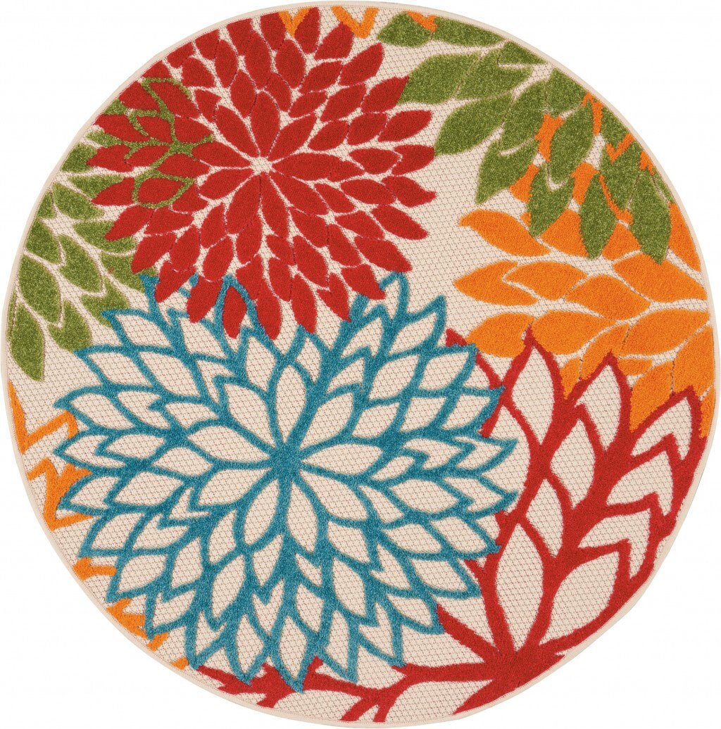 4' Round Green Floral Indoor Outdoor Area Rug
