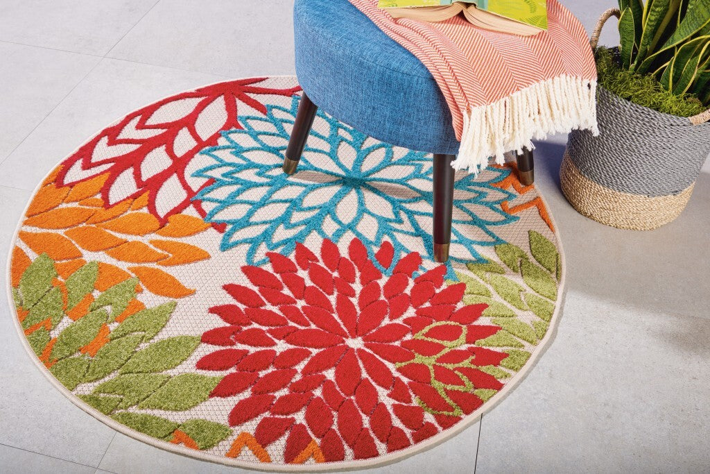 4' Round Green Floral Indoor Outdoor Area Rug