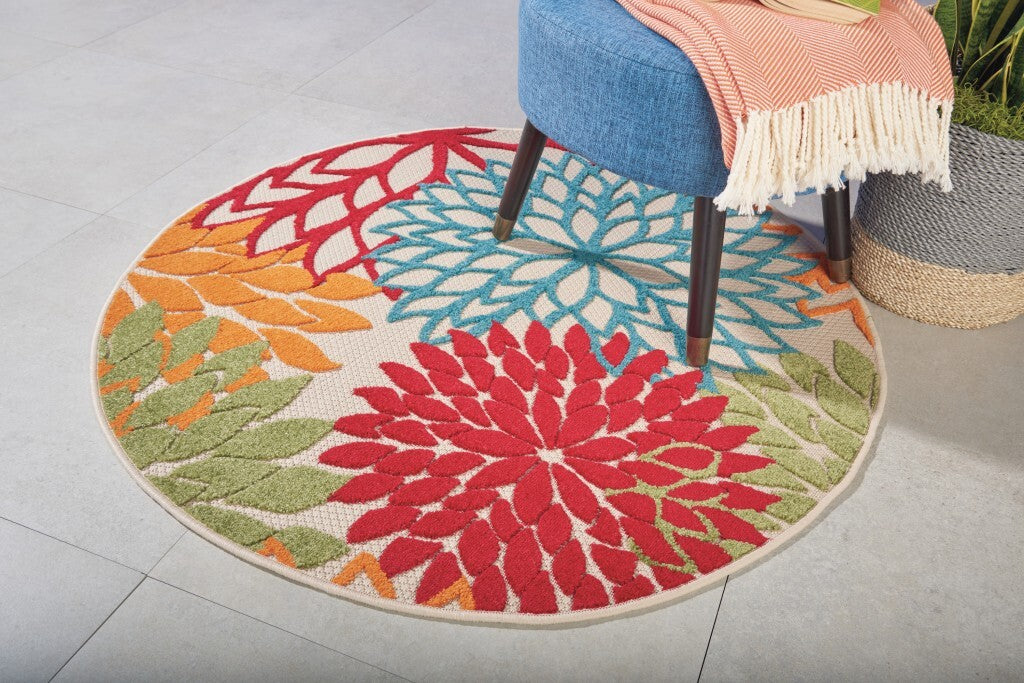 4' Round Green Floral Indoor Outdoor Area Rug