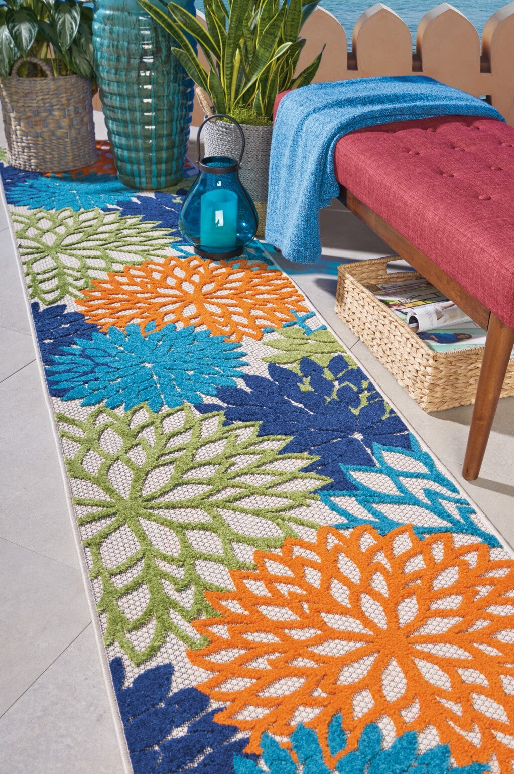 2' X 10' Orange Floral Outdoor Runner Rug