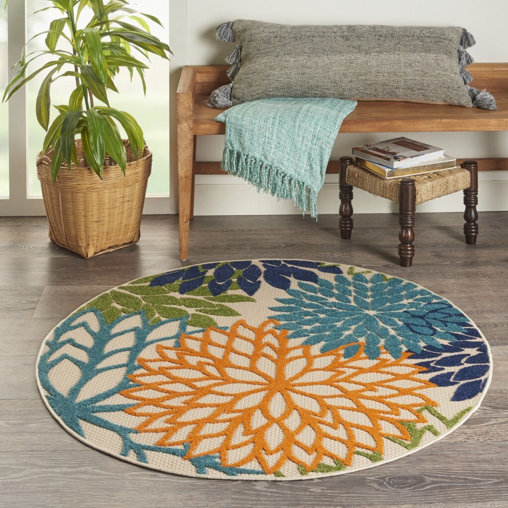 4' Round Orange Floral Outdoor Area Rug