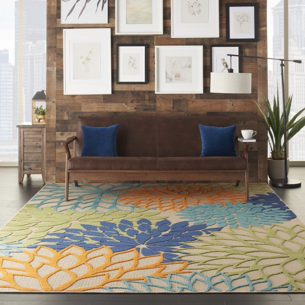 8' X 11' Orange Floral Outdoor Area Rug