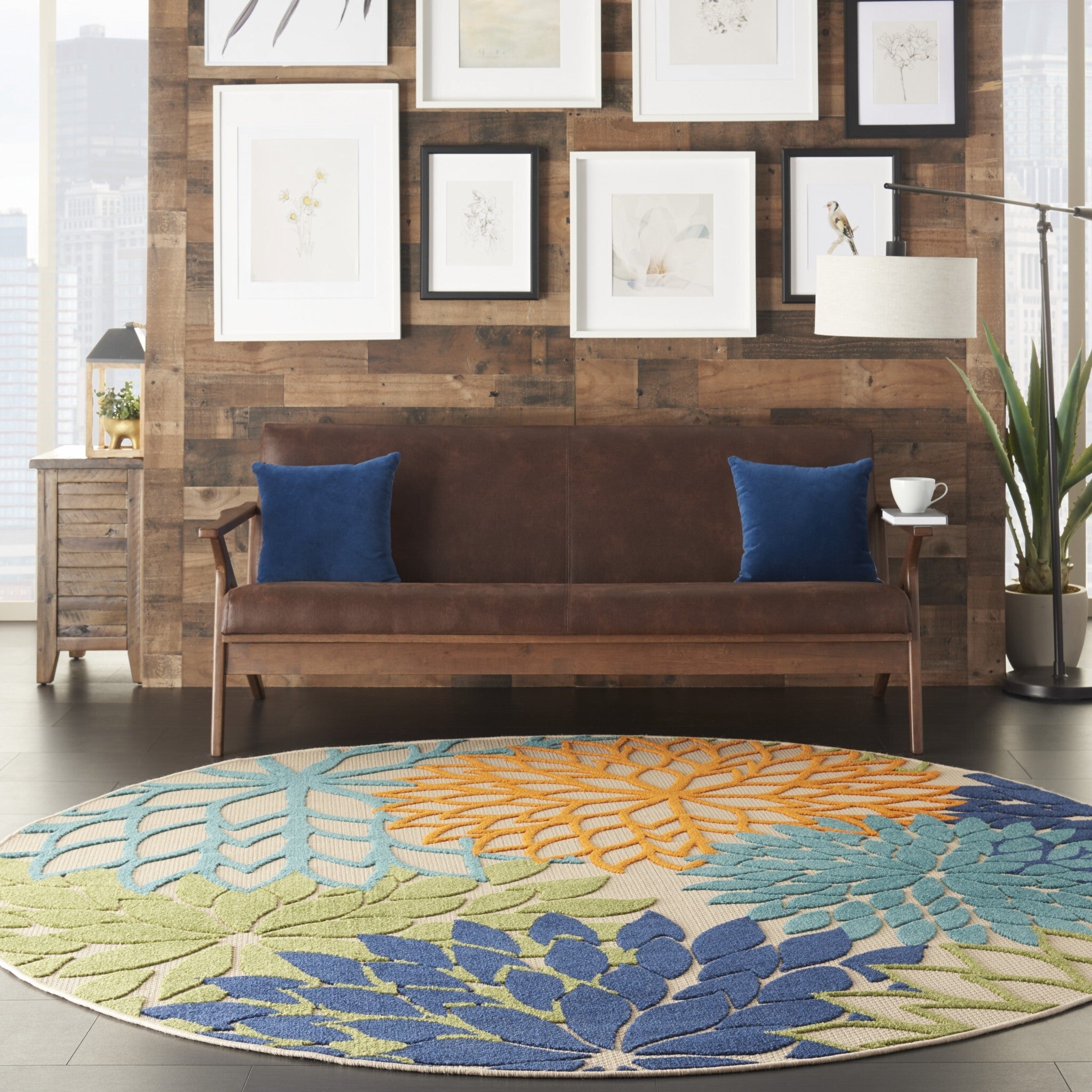 8' Round Orange Floral Outdoor Area Rug