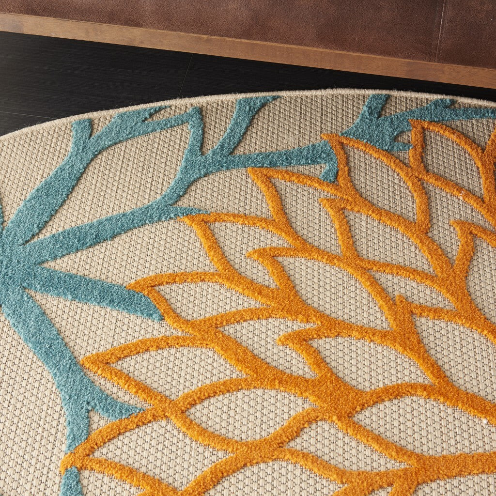 8' Round Orange Floral Outdoor Area Rug