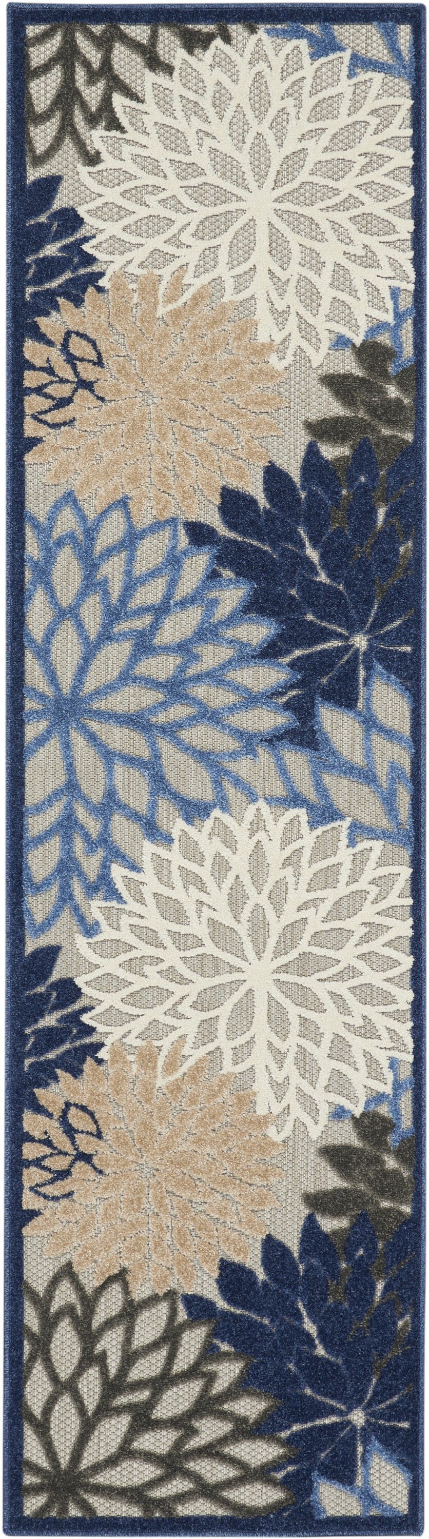 2' X 6' Blue Large Floral Indoor Outdoor Runner Rug