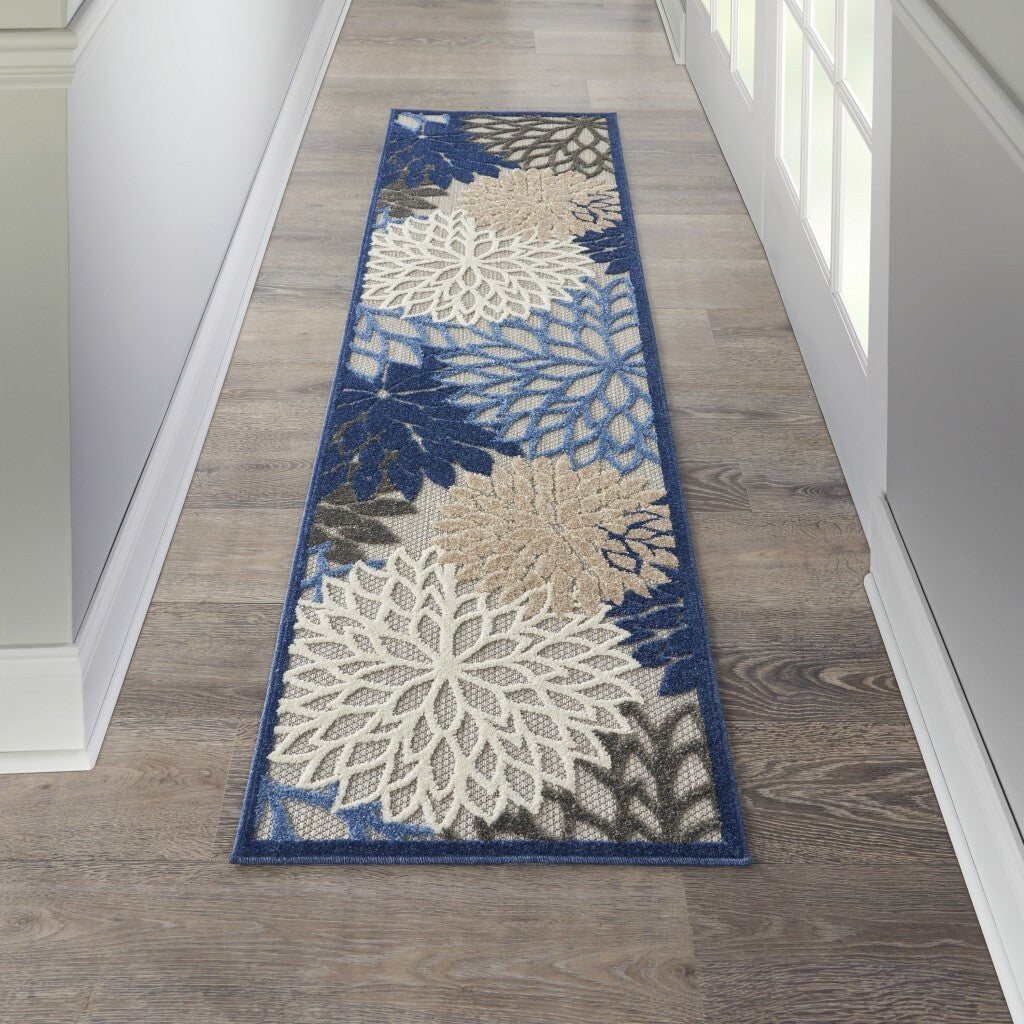 2' X 6' Blue Large Floral Indoor Outdoor Runner Rug