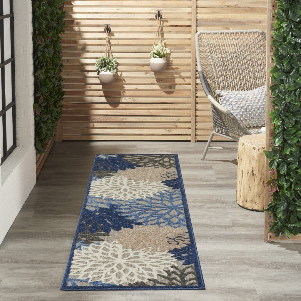 2' X 6' Blue Large Floral Indoor Outdoor Runner Rug
