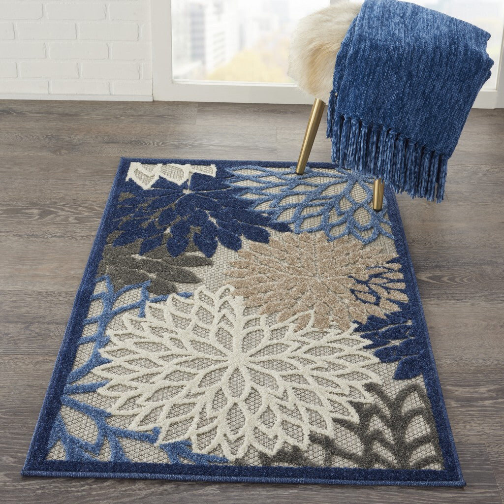 3' X 4' Blue Large Floral Indoor Outdoor Area Rug