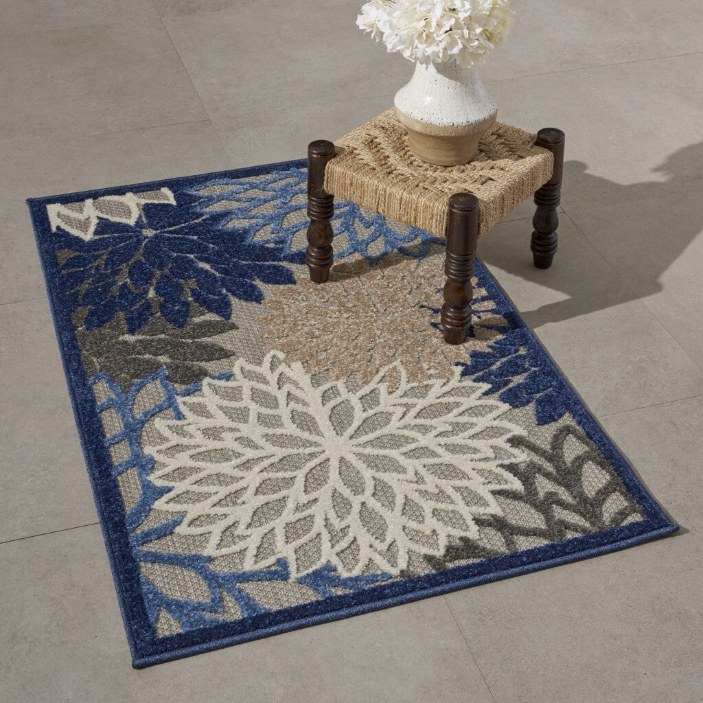 3' X 4' Blue Large Floral Indoor Outdoor Area Rug
