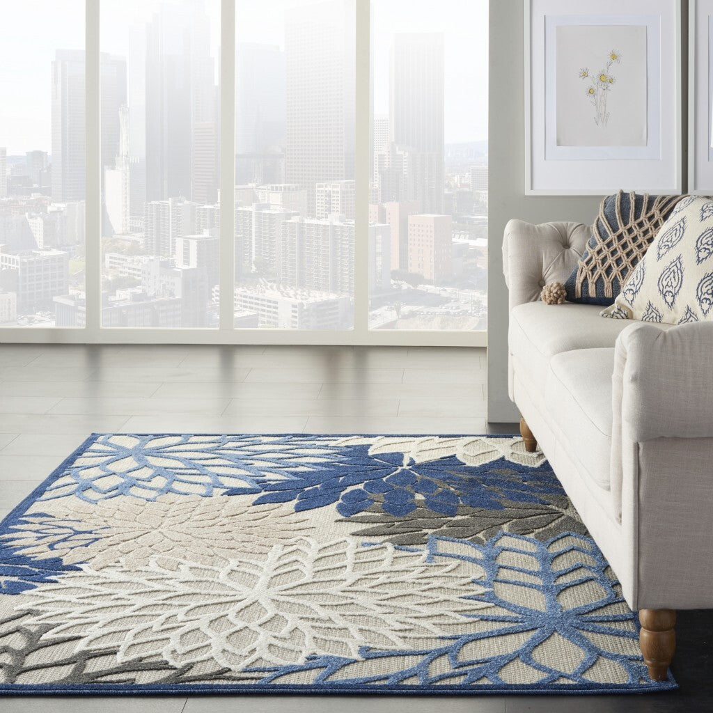 4' X 6' Blue Large Floral Indoor Outdoor Area Rug
