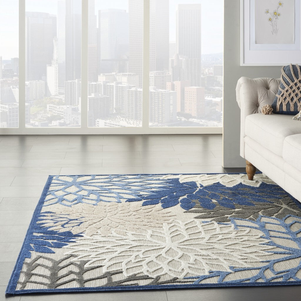 4' X 6' Blue Large Floral Indoor Outdoor Area Rug