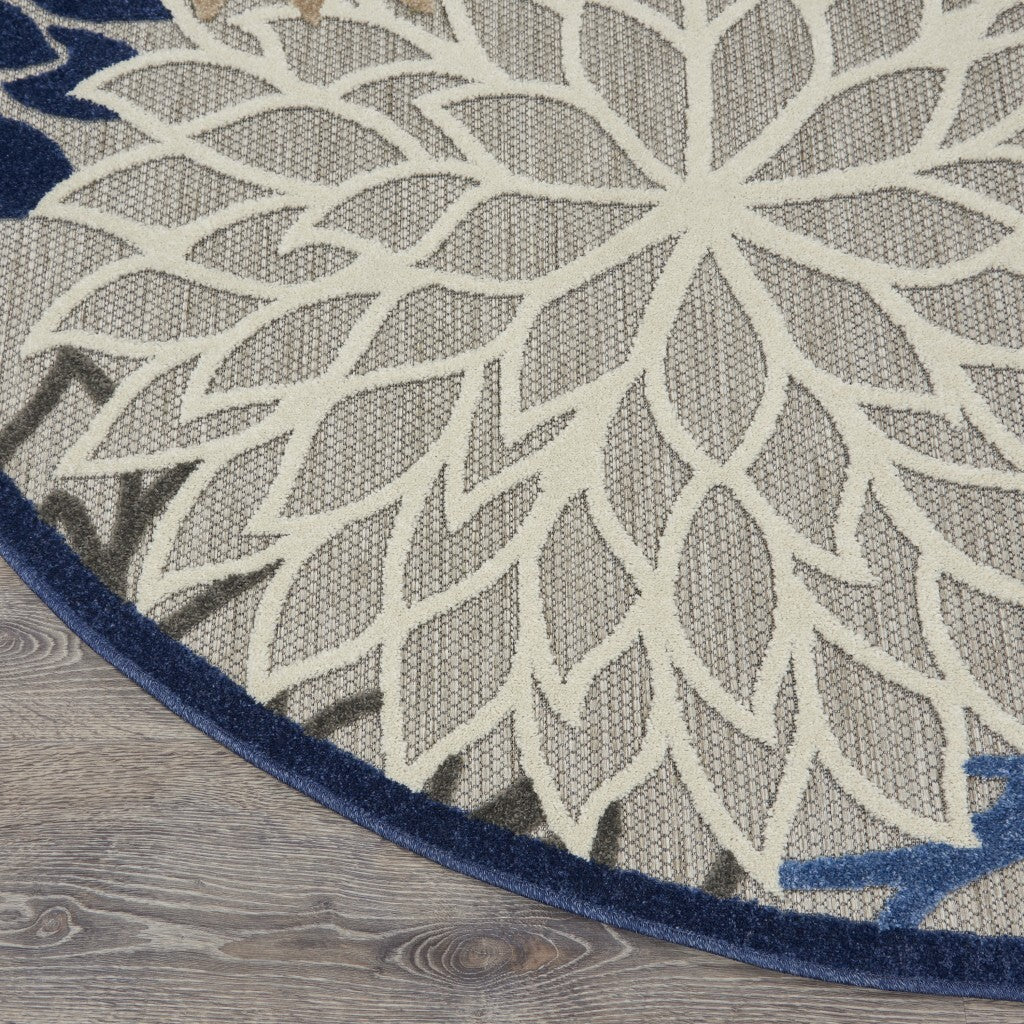 5' Round Blue Large Floral Indoor Outdoor Area Rug