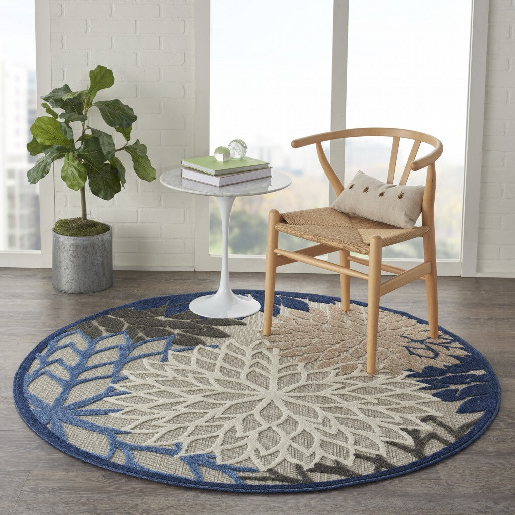 5' Round Blue Large Floral Indoor Outdoor Area Rug