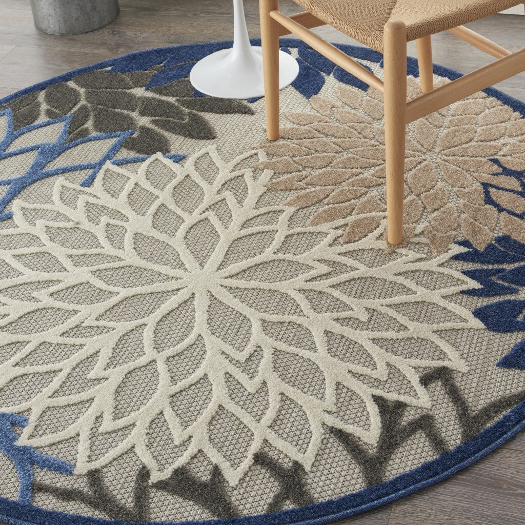 5' Round Blue Large Floral Indoor Outdoor Area Rug
