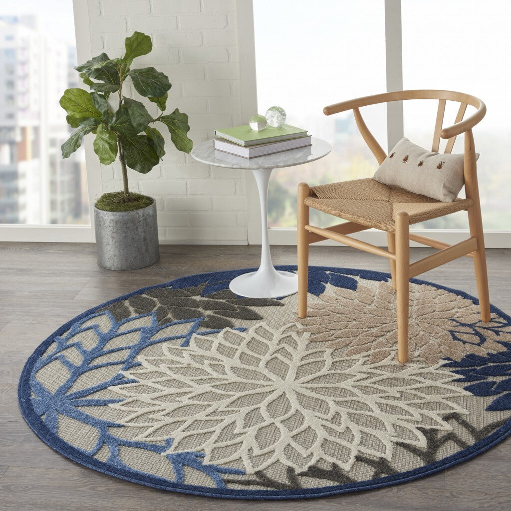 5' Round Blue Large Floral Indoor Outdoor Area Rug