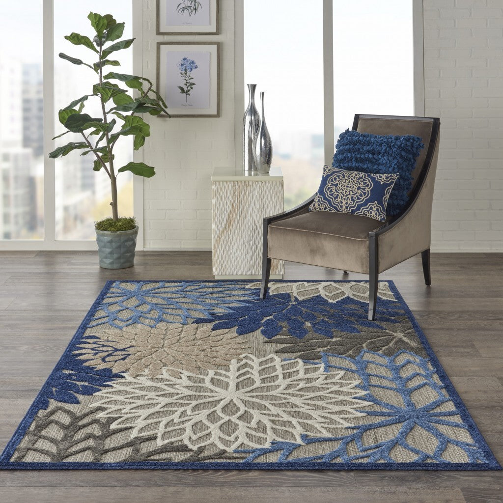 6' X 9' Blue Large Floral Indoor Outdoor Area Rug