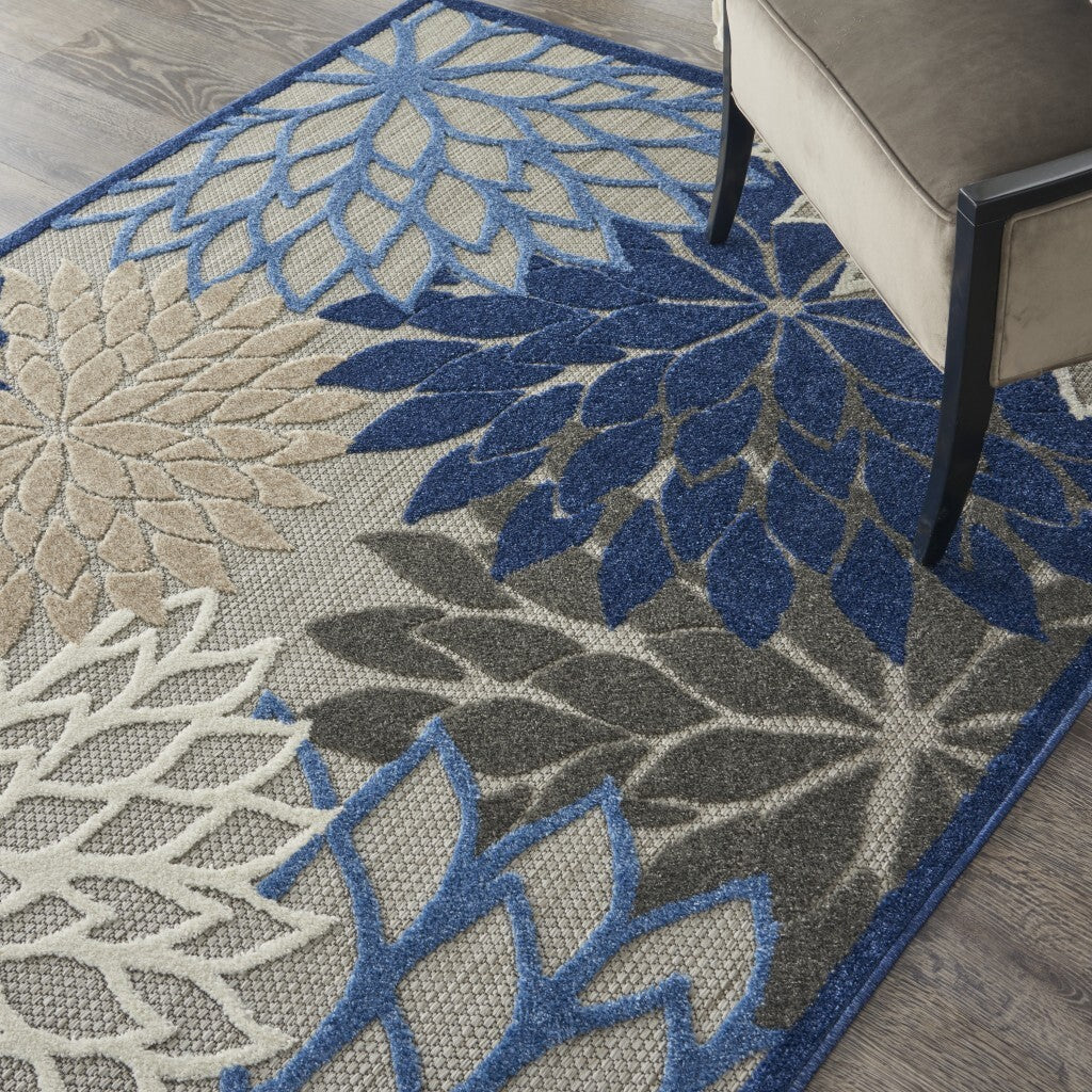 6' X 9' Blue Large Floral Indoor Outdoor Area Rug