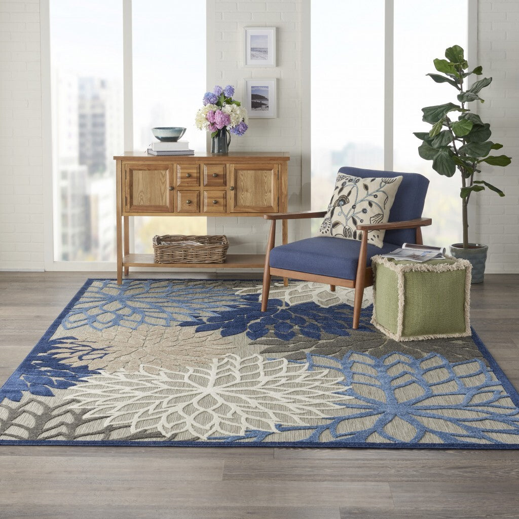 8' X 11' Blue Large Floral Indoor Outdoor Area Rug